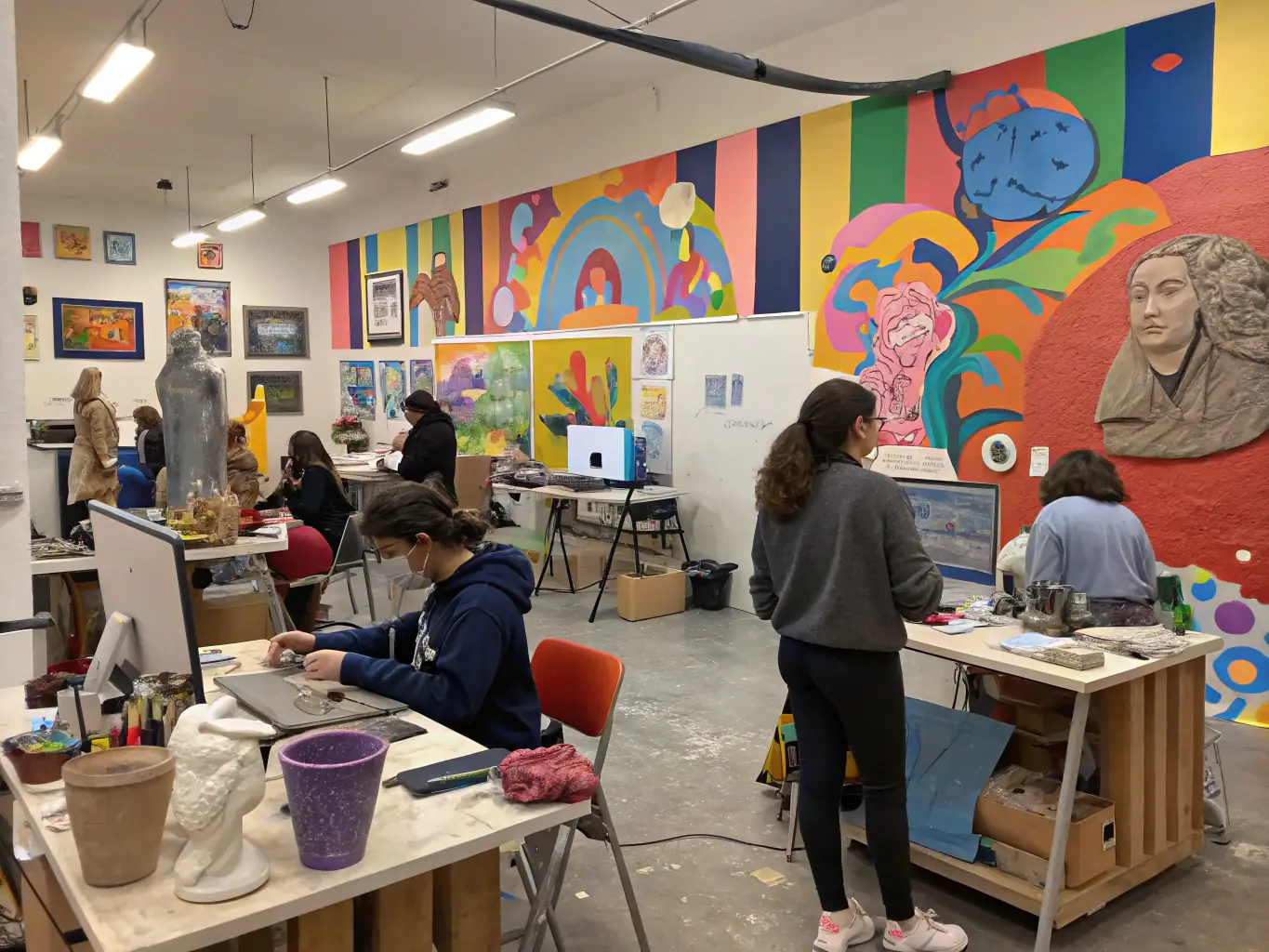 An image of artists participating in a workshop, collaborating and creating in a vibrant studio environment, showcasing APO's commitment to artistic development.