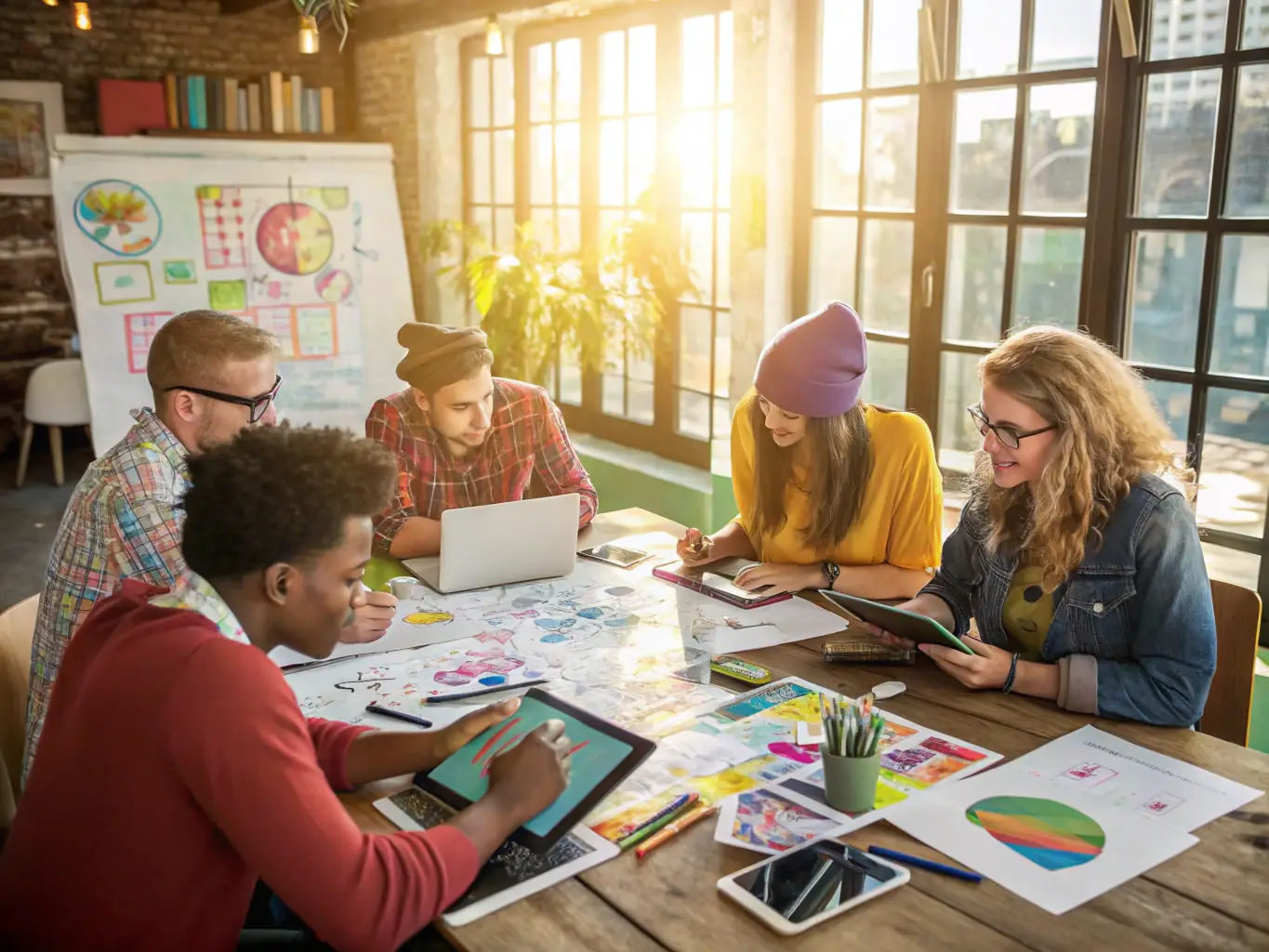 A group of diverse artists collaborating on a project in a vibrant studio setting, showcasing creativity and teamwork.