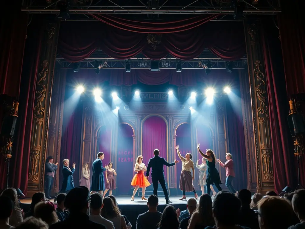 A photograph capturing a theater performance supported by ASS POINT D ORGUE, highlighting the organization's role in promoting performing arts.