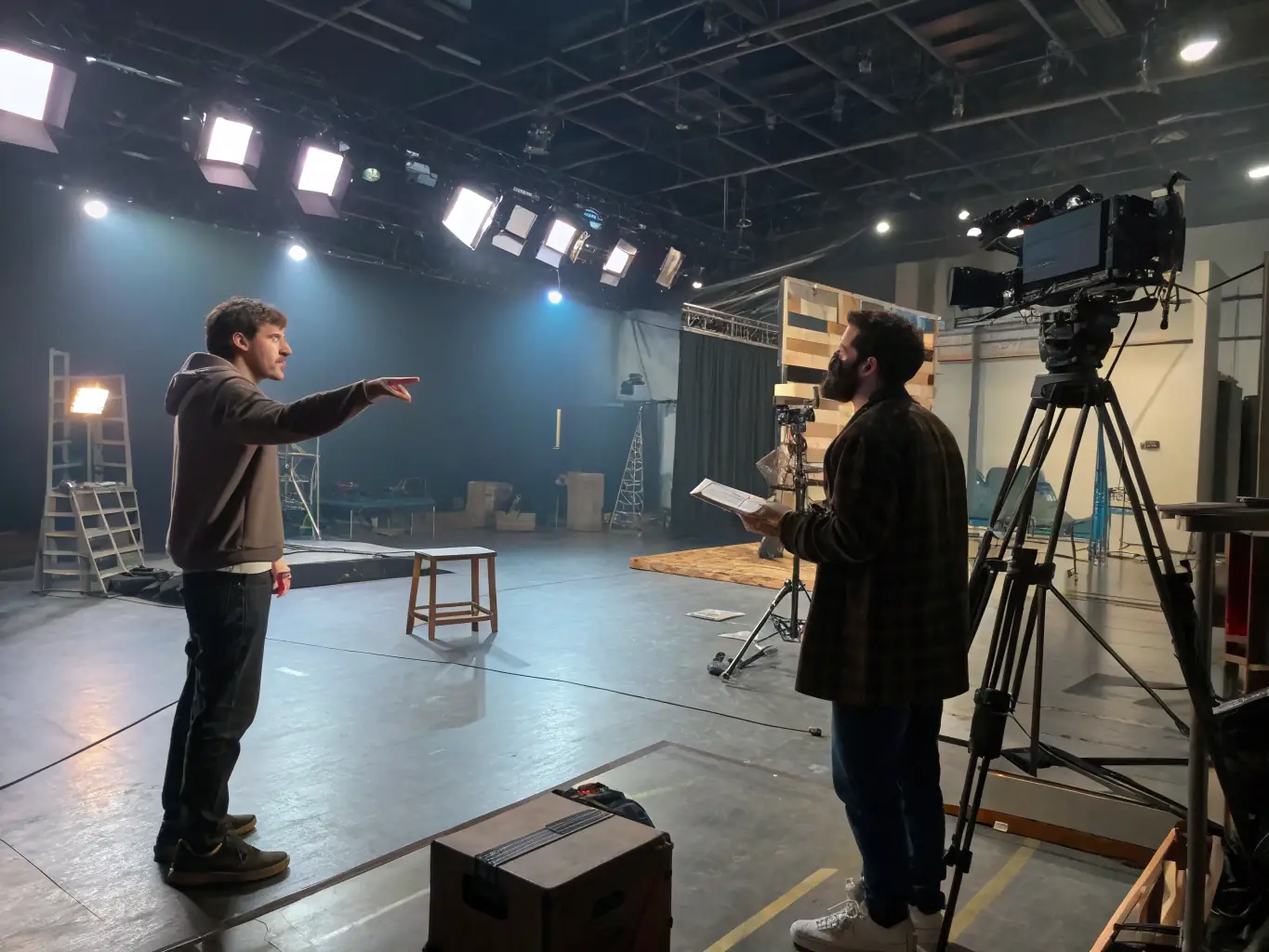A vibrant photograph capturing a theater workshop in progress, with participants actively engaged in a scene rehearsal, showcasing the dynamic learning environment and collaborative spirit of APO's theater program.